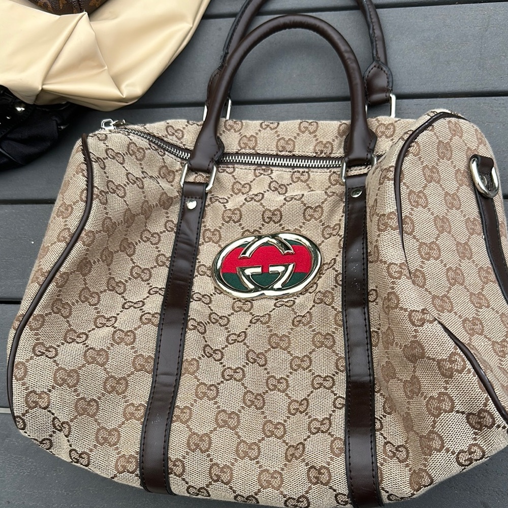 Gucci Beige and Brown Monogram Bag with Red and Green Logo